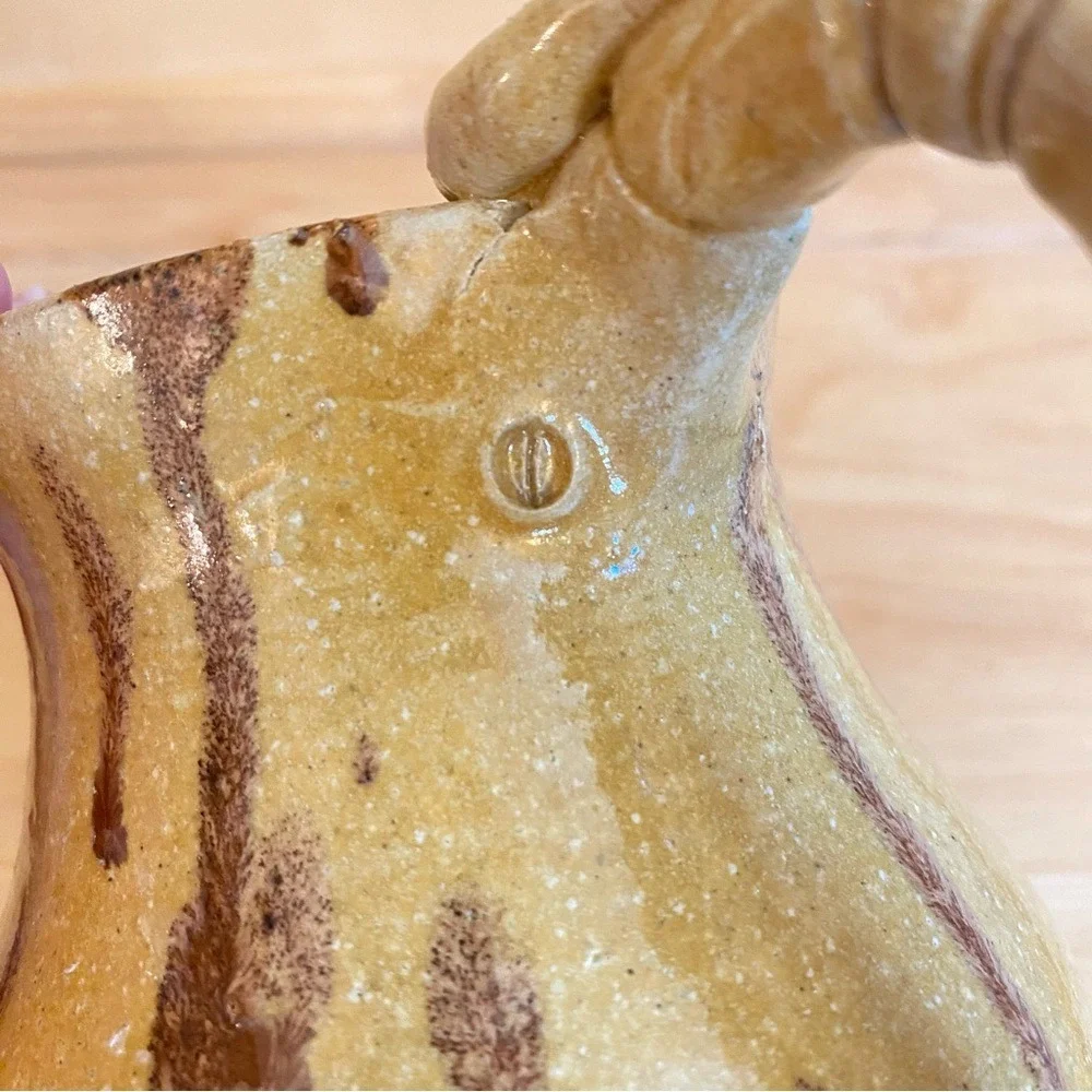Handmade Studio PLUMPOTTERY G Yellow Brown‎ Glaze Stoneware Pottery Pitcher Jug